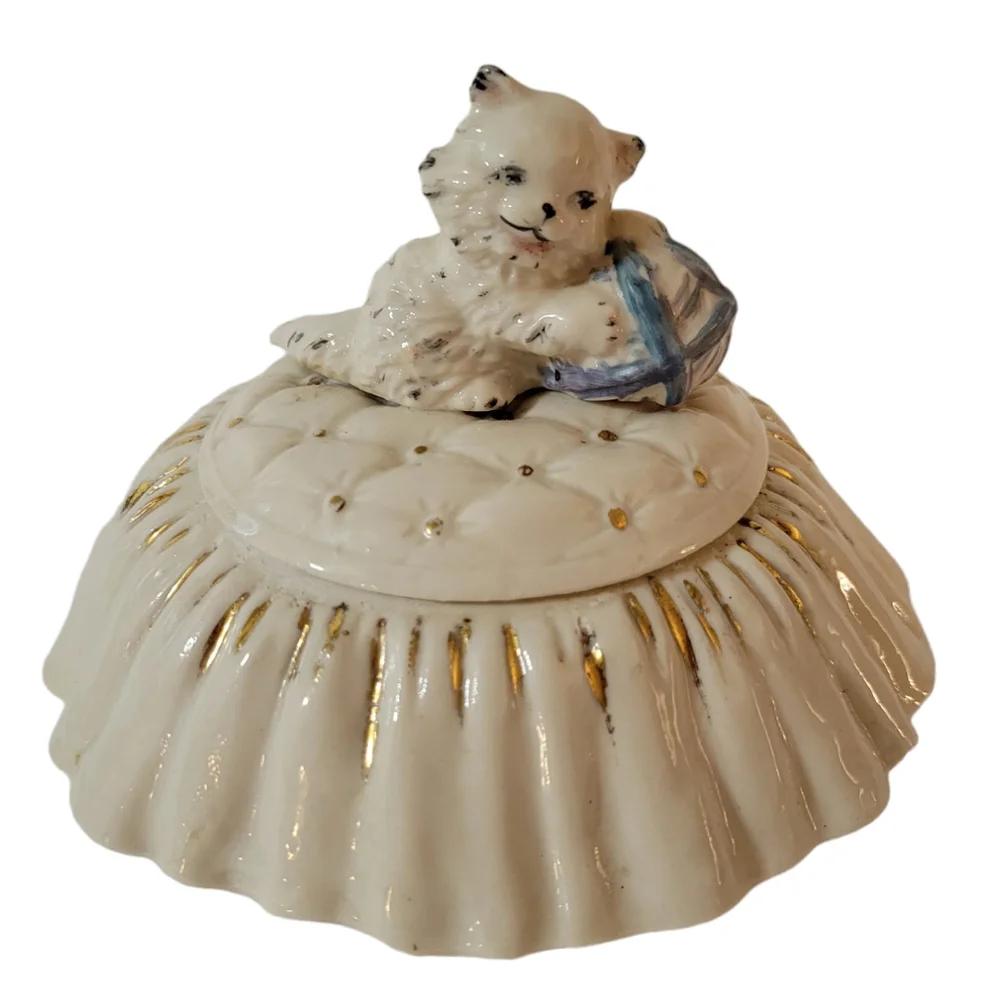 Vintage Cat on Pillow Trinket Box Ceramic
